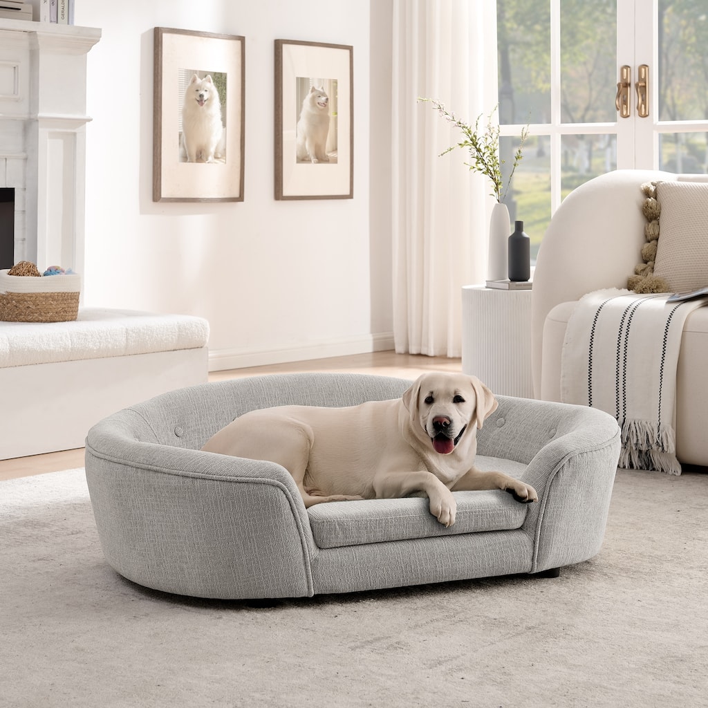 Roomfitters Large Oval Upholstered Dog Sofa Bed with Curved Tufted Silhouette Padded Pet Lounge Furniture Couch