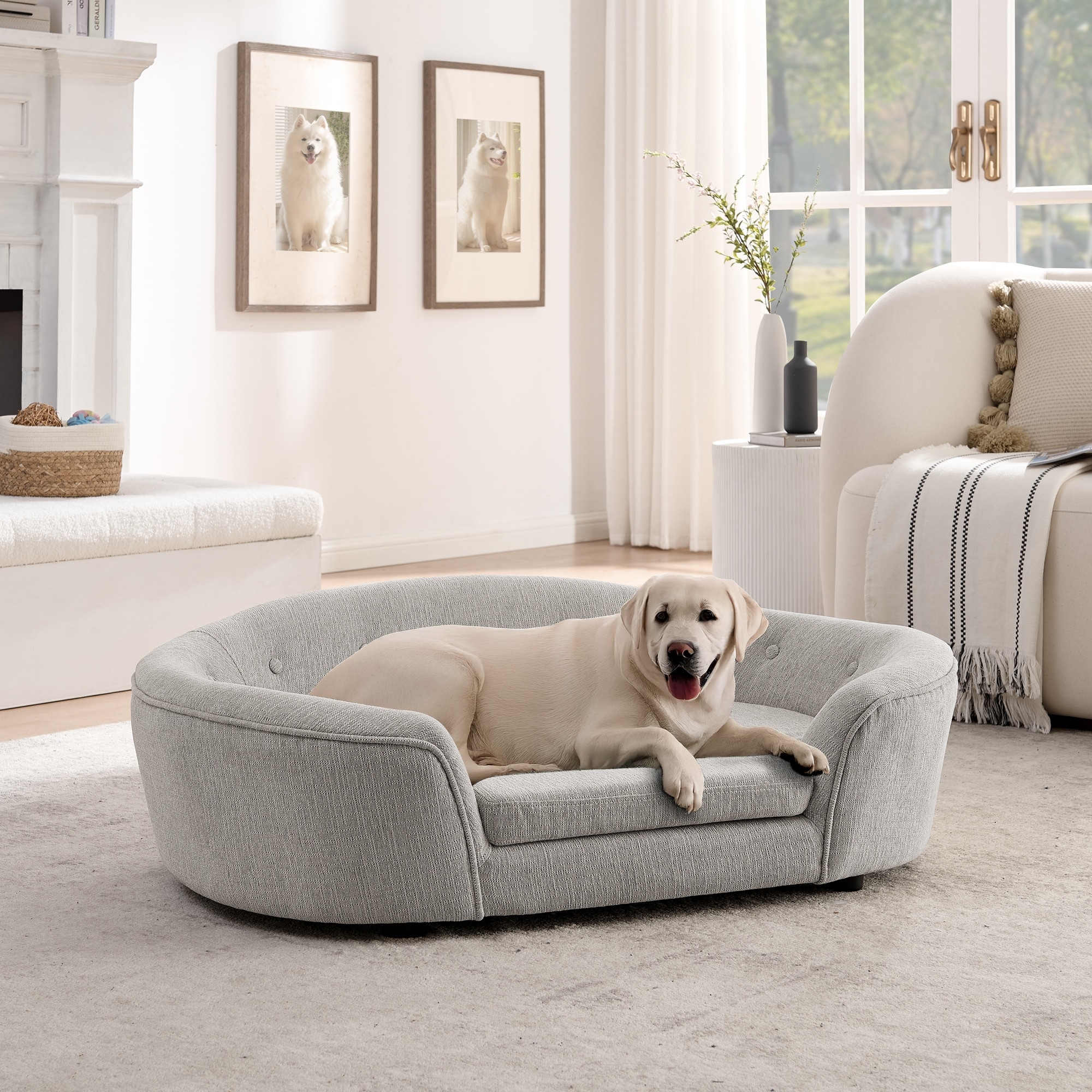 Roomfitters Large Oval Upholstered Dog Sofa Bed with Curved Tufted Silhouette Padded Pet Lounge Furniture Couch