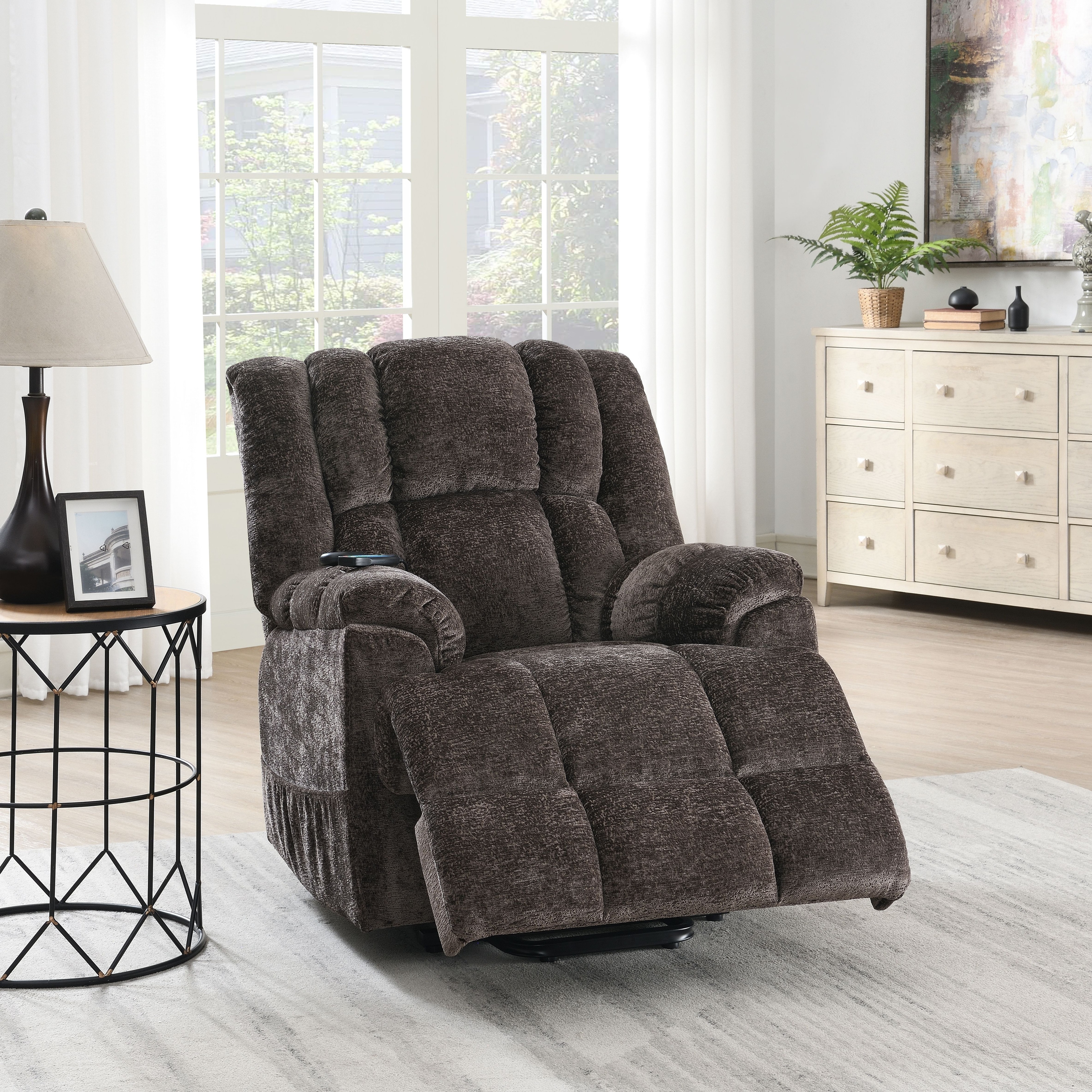 Brown Chenille Power Motion Recliner with Lift, Heating & Massage Function