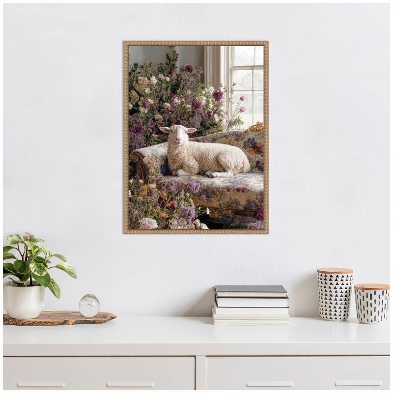 Kate and Laurel Cute Sheep in Romantic Flowers by Michael Schauer Framed Canvas Wall Art Print