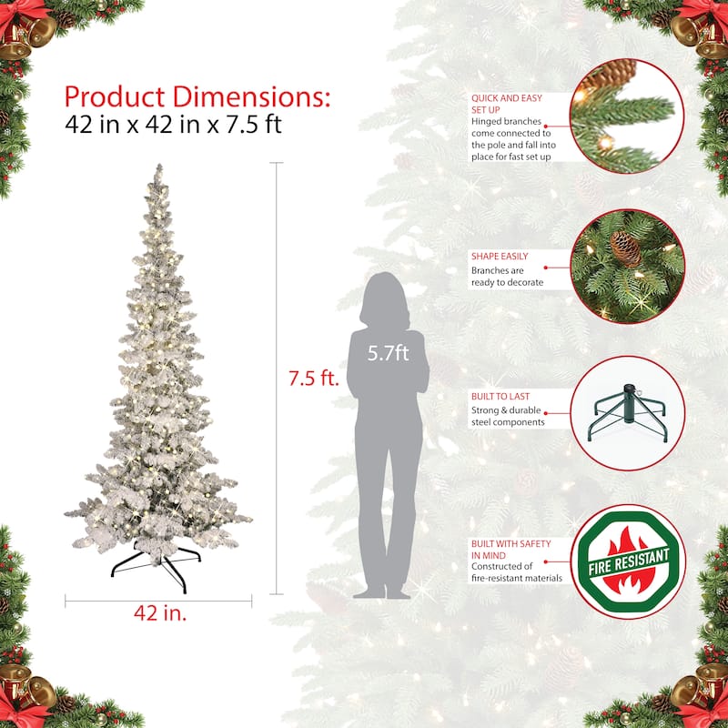 Puleo International 7.5' Pre-Lit Flocked Slim Whistler Pine Christmas Tree - 7.5