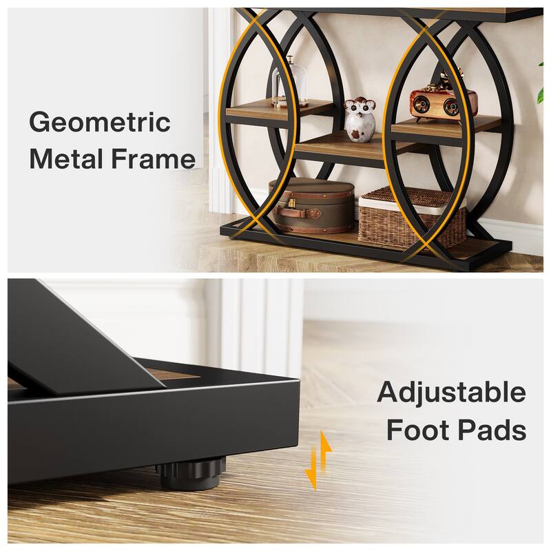 Industrial Console Table, 4-Tier Sofa Table with Geometric Metal Frame