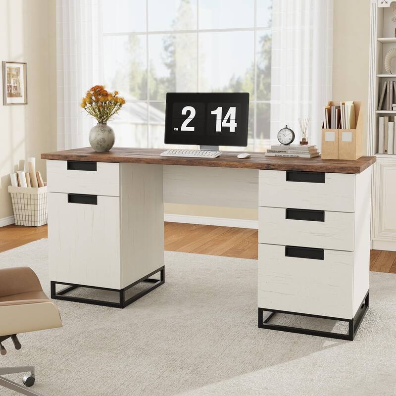 59" Farmhouse Executive Desk, Home Office Desk with File Drawer and Storage Cabinet