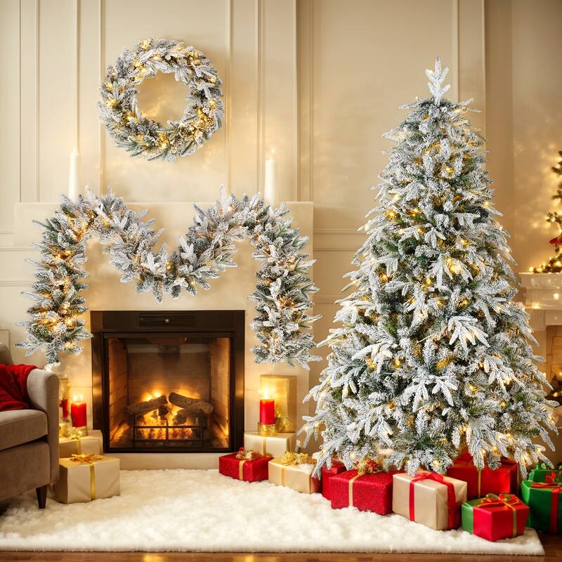 Xmas Snow Garland and Snow Xmas Tree, 3 Pac Snowy Flocked Christmas Decor with LED Lights,9ft Flocked Garland,6ft Flocked Tree - 6 Foot