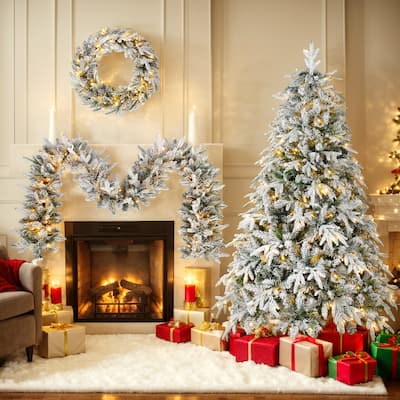 Xmas Snow Garland and Snow Xmas Tree, 3 Pac Snowy Flocked Christmas Decor with LED Lights,9ft Flocked Garland,6ft Flocked Tree