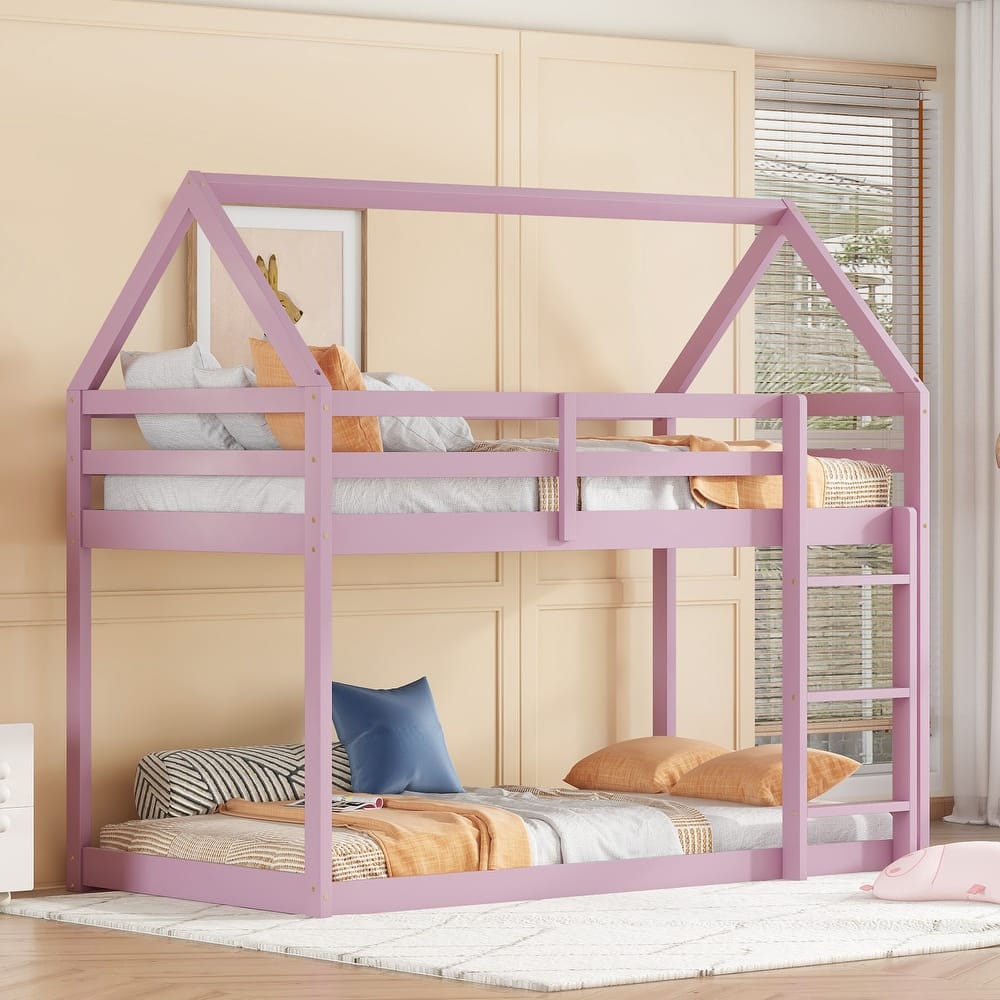 Twin over Twin Rubber Wood Floor Bunk Bed, Solid Wood Twin Size House Shaped Bunk Bed Frame with Roof and Guardrails