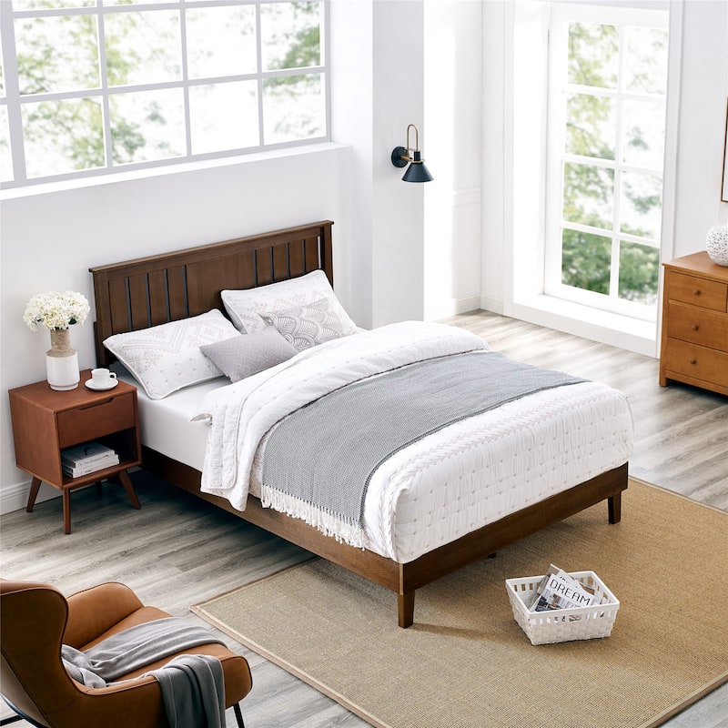 MUSEHOMEINC Mid-Century Modern Solid Wooden Platform Bed with Adjustable Height Headboard for Bedroom,Wood Slat Support