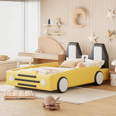 Modern Design Twin Size Race Car-Shaped Platform Bed with Wheels for Bedroom