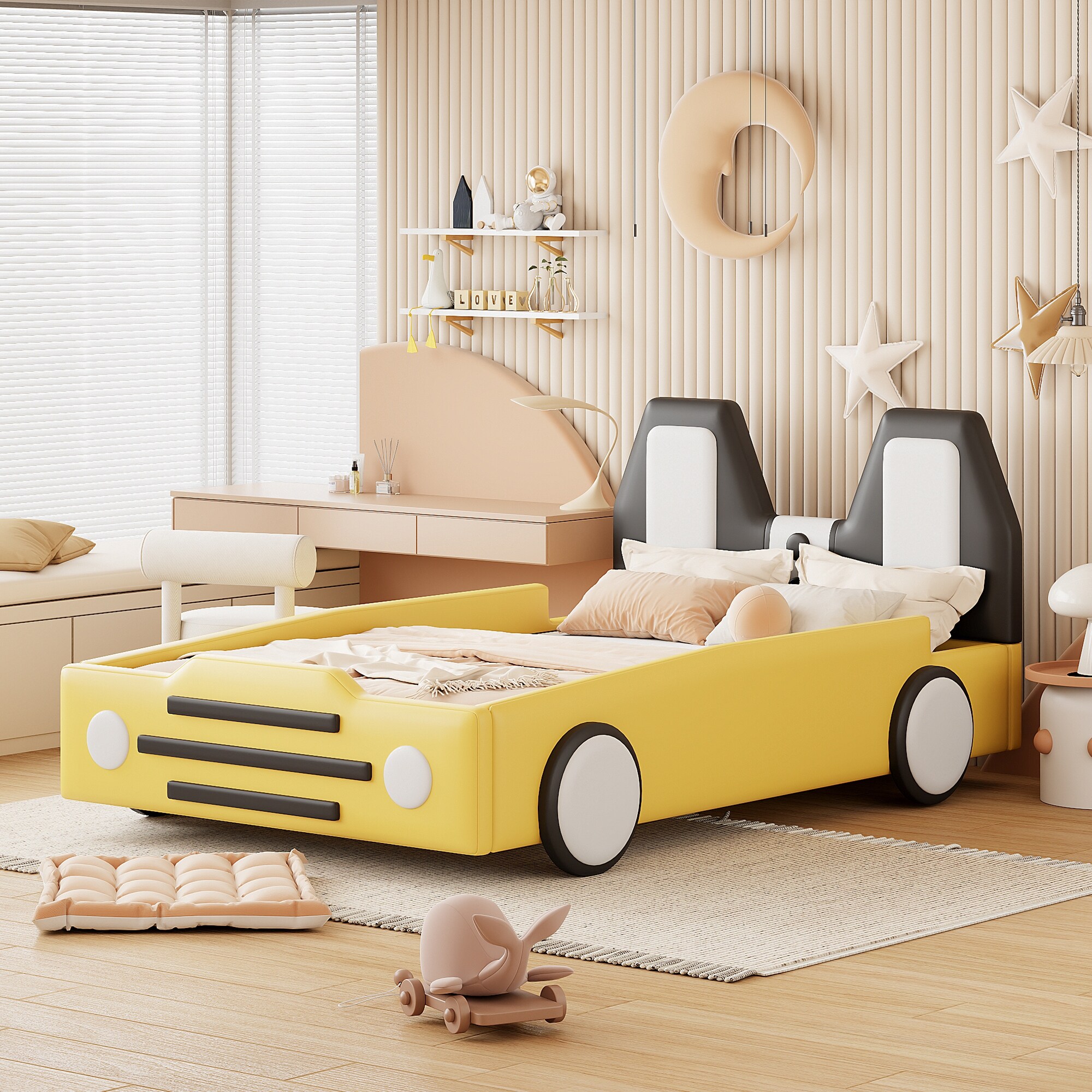 Twin Size Race Car Shaped Platform Bed with Decorative Wheels Wooden Floor Bedframe with Sturdy Slat Support Childlike Design Red