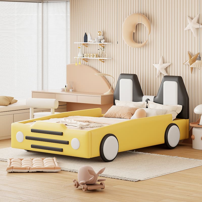 Twin Size Race Car-Shaped Platform Bed with Wheels, Yellow - Yellow