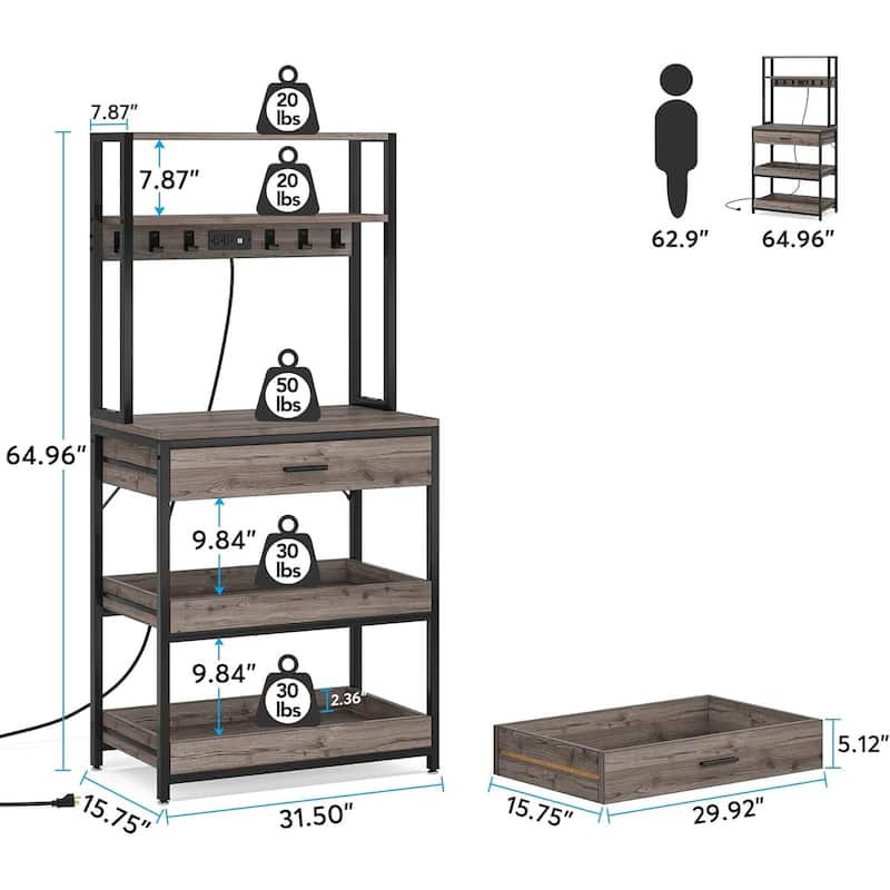 5-Tier Kitchen Bakers Rack with Power Outlets USB Ports, Metal Frame & Particleboard Shelves, Pull-Out Drawer