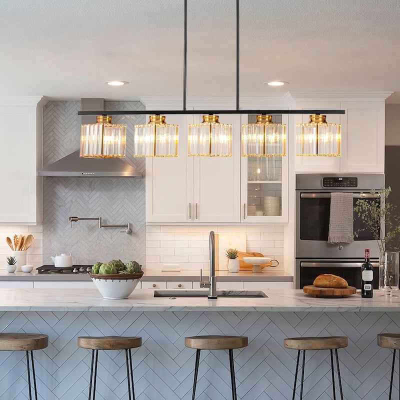 Modern Kitchen Island Lighting 5 Light Linear Chandelier with Crystal Shade - Multi - W 39.37"