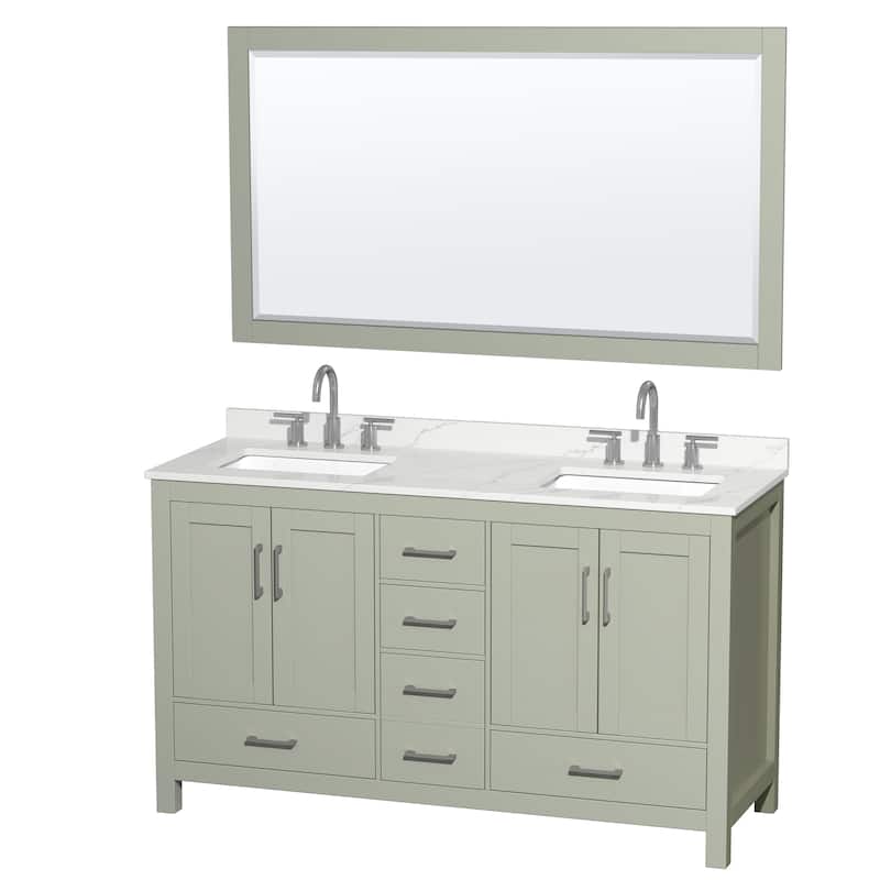 Sheffield 60-inch Double Vanity, 3 Hole Quartz Top, 58-inch Mirror - Light Green, Nickel Trim, Giotto Quartz Top