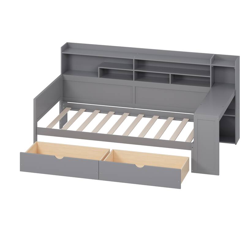 Multi-functional Bed Wooden Daybed with Two Storage Drawers Shelves and Study Desk
