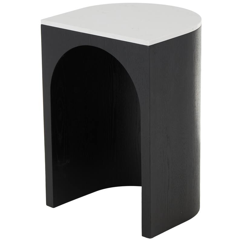 Brown or Black Wood Cutout Arch Side End Accent Table with White Marble Tabletop