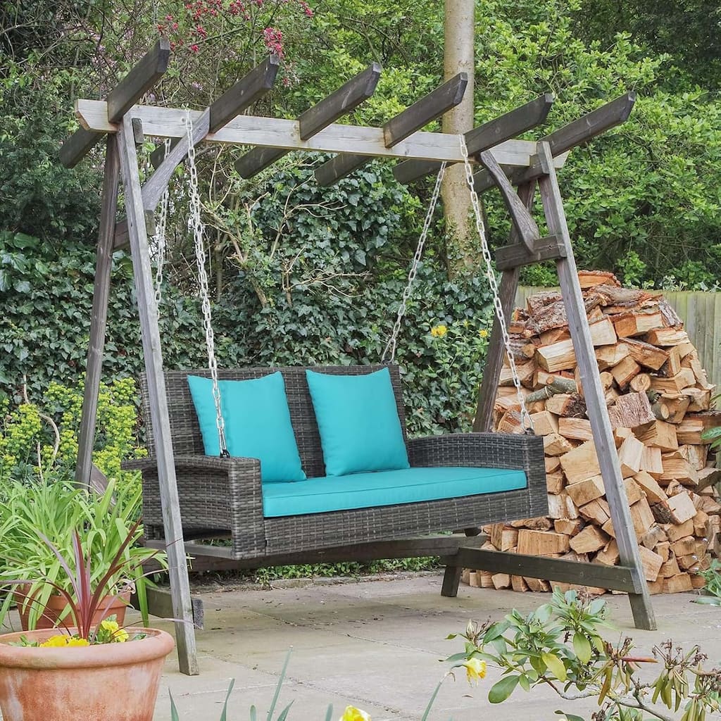 2 Person Wicker Hanging Porch Swing Outdoor Rattan Swing with Cushions
