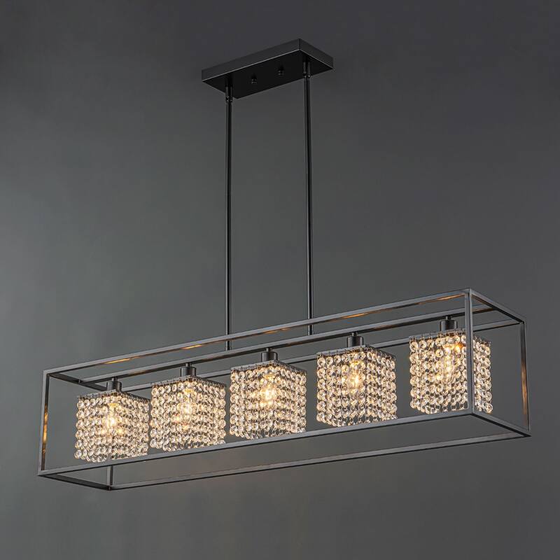5-Light Modern Black Glam Rectangular Island Large Crystal Chandelier - 39.37 in. W x 8.66 in. D x 8.66 in. H