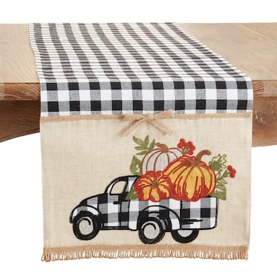 Table Runner With Plaid Truck With Pumpkins Design - 16"x70"
