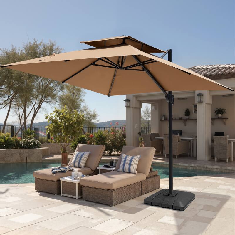 Pellebant Outdoor 10 FT Square Cantilever Patio Umbrella 360 Degree Rotation with Premium Base - Tan