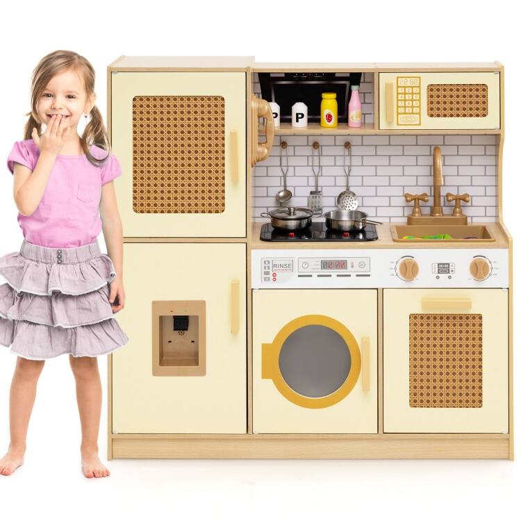 MDF Rattan Kids Play Kitchen with Lights, Sounds and Accessories - 33" × 10" × 31.5"