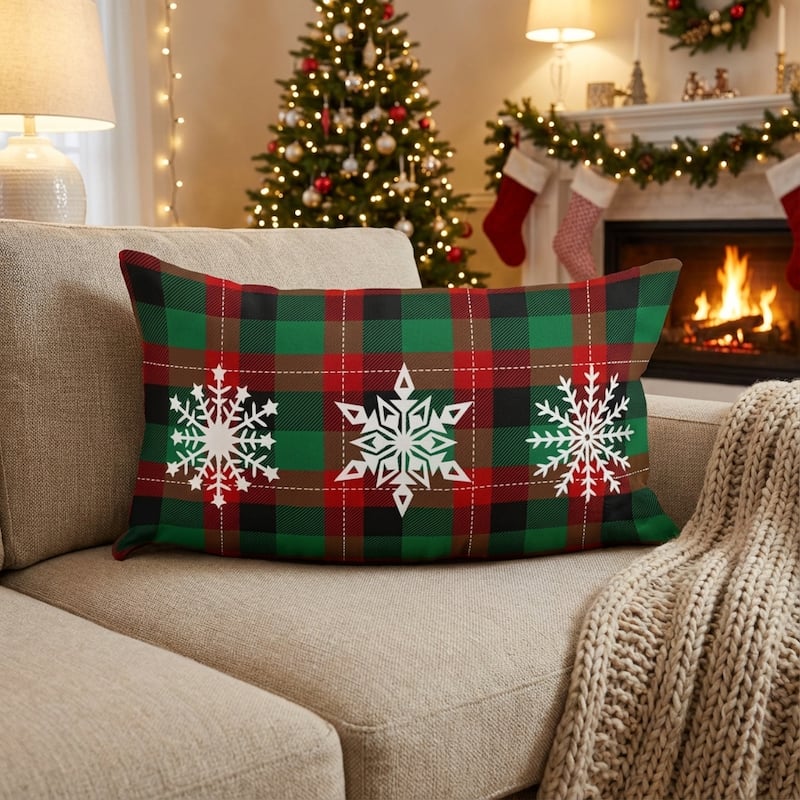 HomeRoots 12" X 20" Green Red And Black Christmas Snowflakes Trio Plaid Throw Pillow Cover