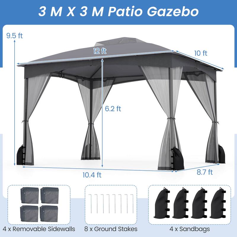 Costway 10 X 10/12 FT Patio Gazebo with Netting Walls 4 Sandbags
