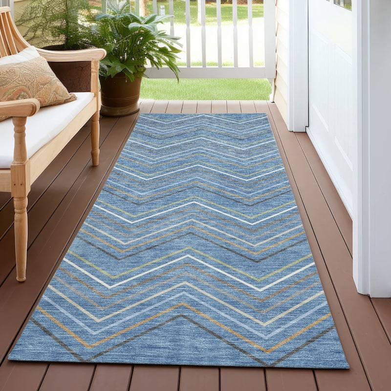 Machine Washable Indoor/ Outdoor Modern Chevron Chantille Rug - Blue - 2'3" x 7'6"