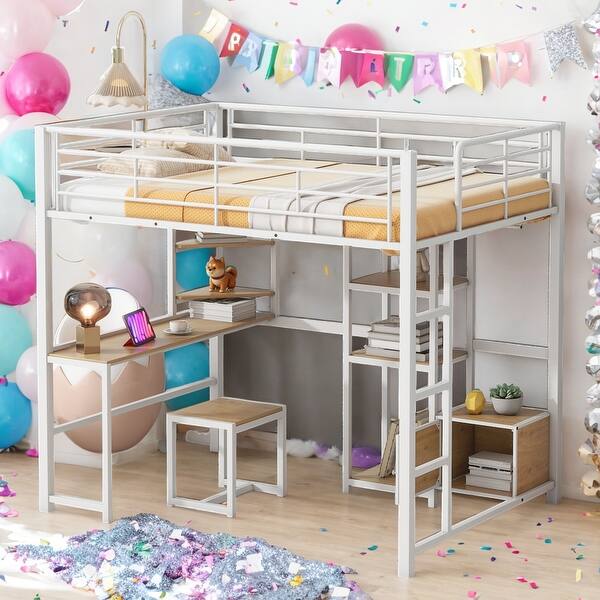 slide 2 of 9, Full Size Metal Loft Bed with Desk and Stool, Wood Kids Bed Frame with Open Wardrobe, Shelves and Cabinet for Bedroom, White White