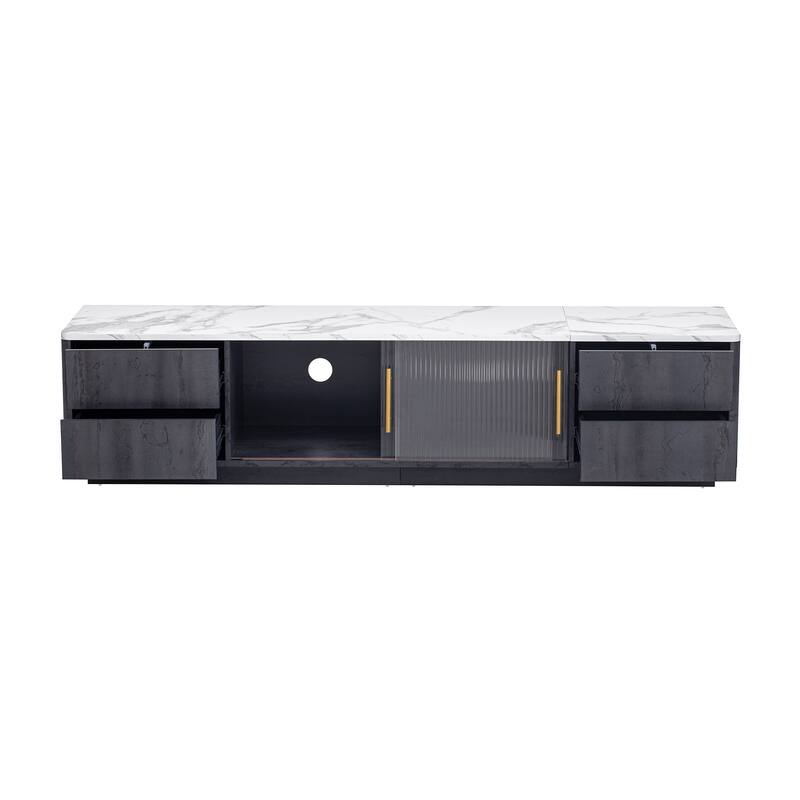Glass Doors TV Stand for 70" TV, Media Console with 4 Drawers Floor Wood TV Media Center Table with Large Storage Cabinet