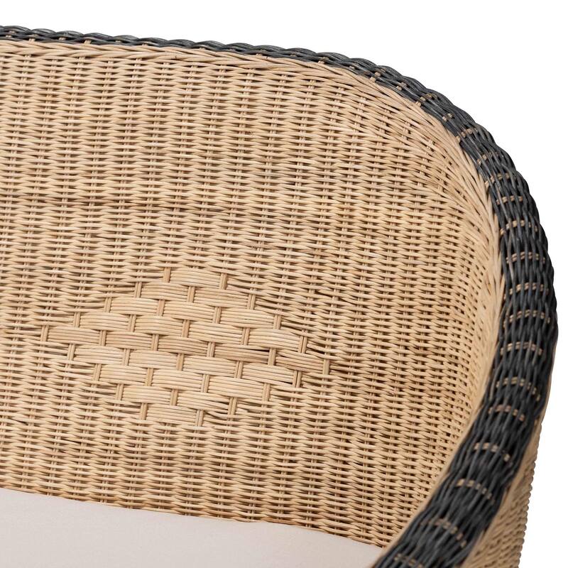 Emiliana Natural Rattan Loveseat - Handwoven Wicker Sofa with Two-Tone Woven Detailing and Cushion, Boho Coastal Seating