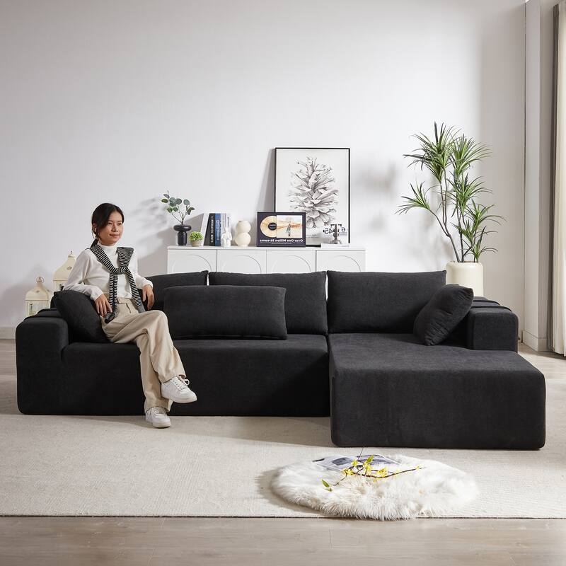 Chenille Upholstered Sectional Daybed Modular Sleeper Couch L Shape Sofa with Chaise Lounge & 6 Pillows for Living Room Loveseat