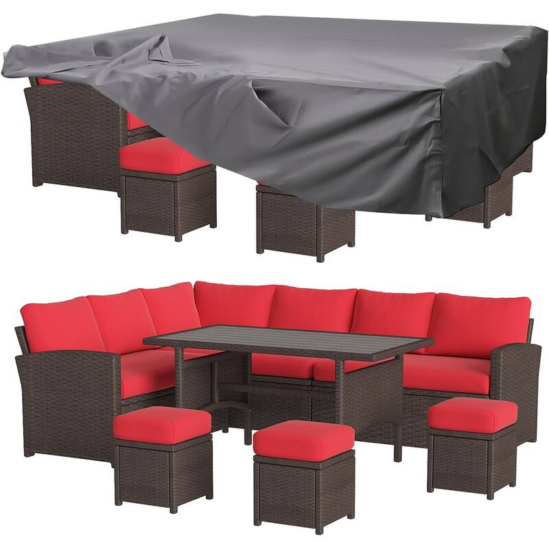 AECOJOY 7 Pieces Patio Furniture Set Outdoor Sectional Sofa Rattan Conversation Set - Red with Cover