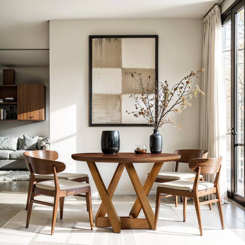 Walnut Veneer MDF Wood Round 4-Person Round Kitchen Table with Rubberwood Base - 47.24" Diameter