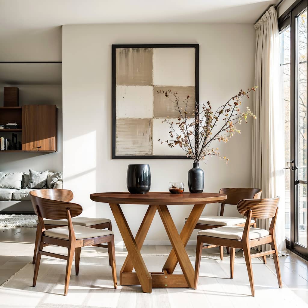 Walnut Veneer MDF Wood Round 4-Person Round Kitchen Table with Rubberwood Base - 47.24" Diameter