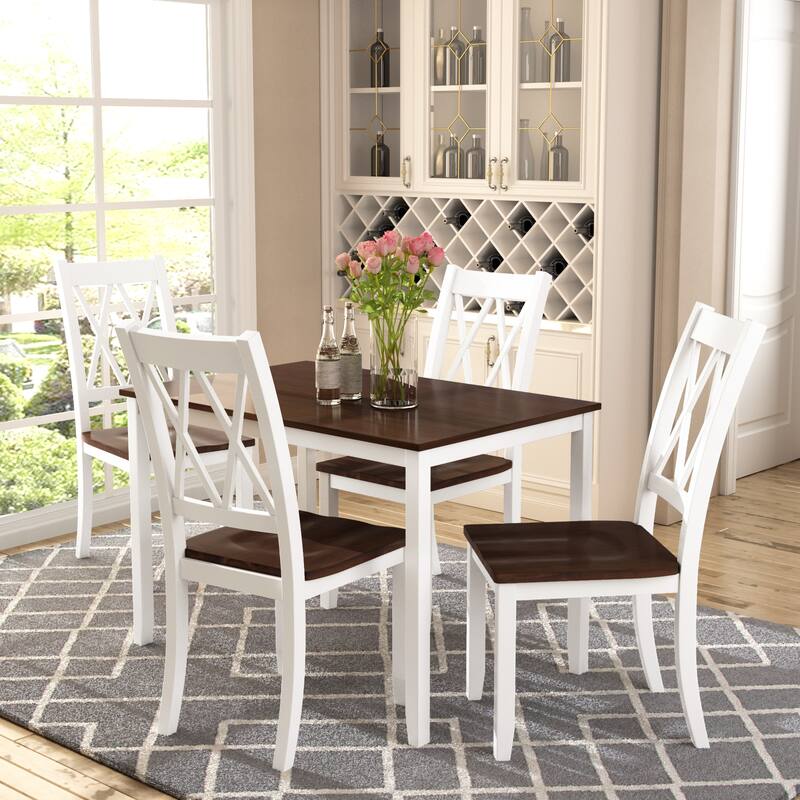 Roomfitters 5-Piece Dining Table Set, Rectangular Wood Kitchen Table and 4 X-back Chairs, Transitional Style