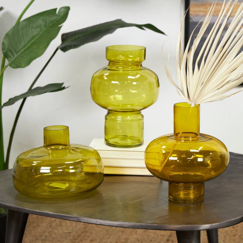 Blue, Green or Orange Glass Round Vase with Varying Shapes and Sizes (Set of 3) - Green