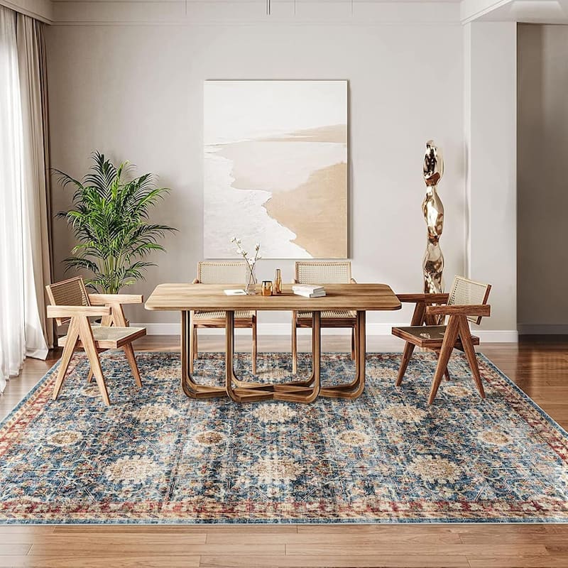 Vintage Boho Washbale Floor Cover Area Rug for Bedroom, Living Room, Dark Blue - 1'6" x 2'6" - Blue 9' x 12'