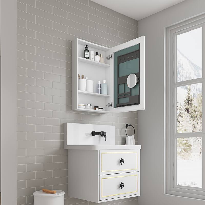 Wall Mounted Bathroom Medicine Cabinet with HD Mirror, Recessed or Surface Mount, Storage for Cosmetics & Personal Care - 30X20 in Right door - White + Engineered Wood