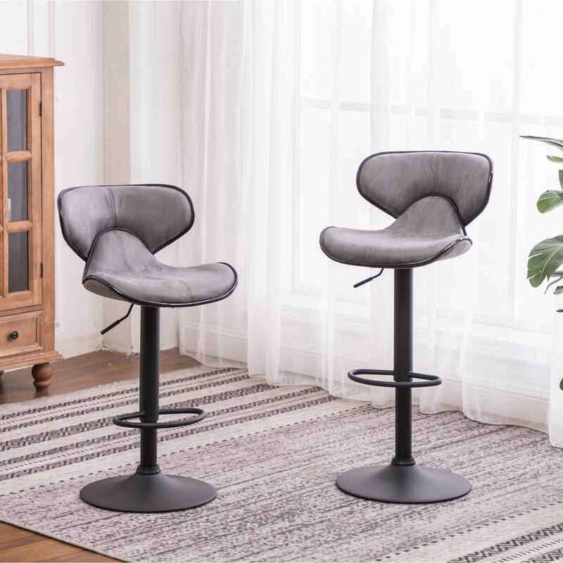 Set of 2 Adjustable Swivel Barstools with Weathered Upholstery & Chrome Base.