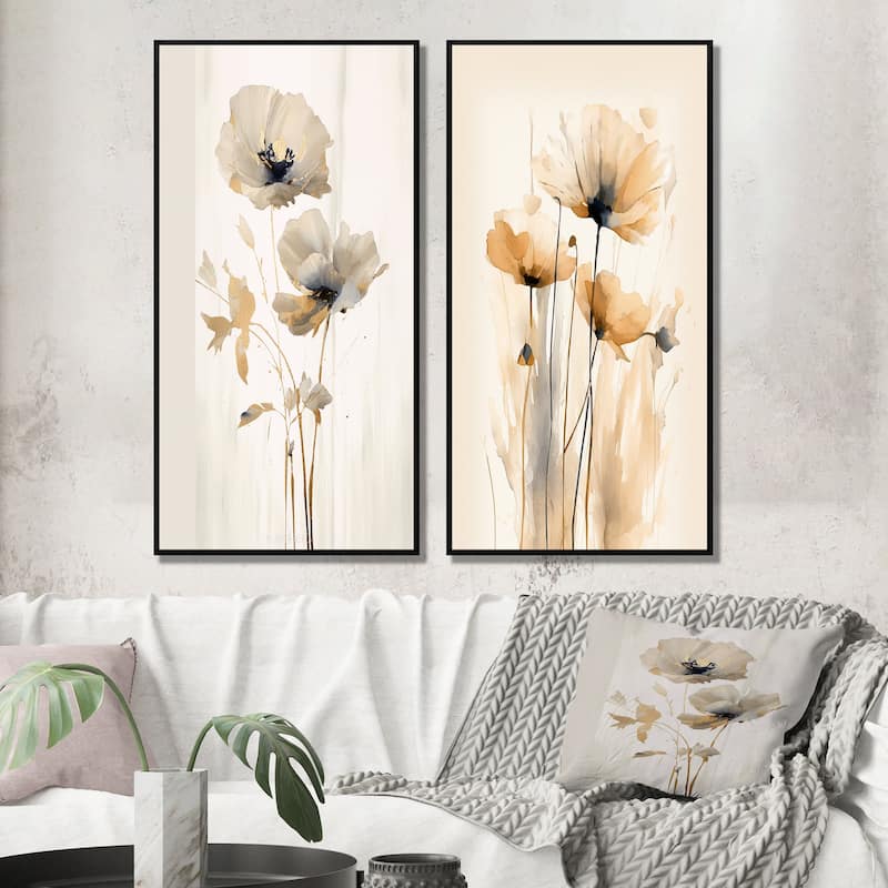 Designart "Vibrant Poppies" Floral Framed Wall Art Set Of 2 - White Wall Art Set Of 2
