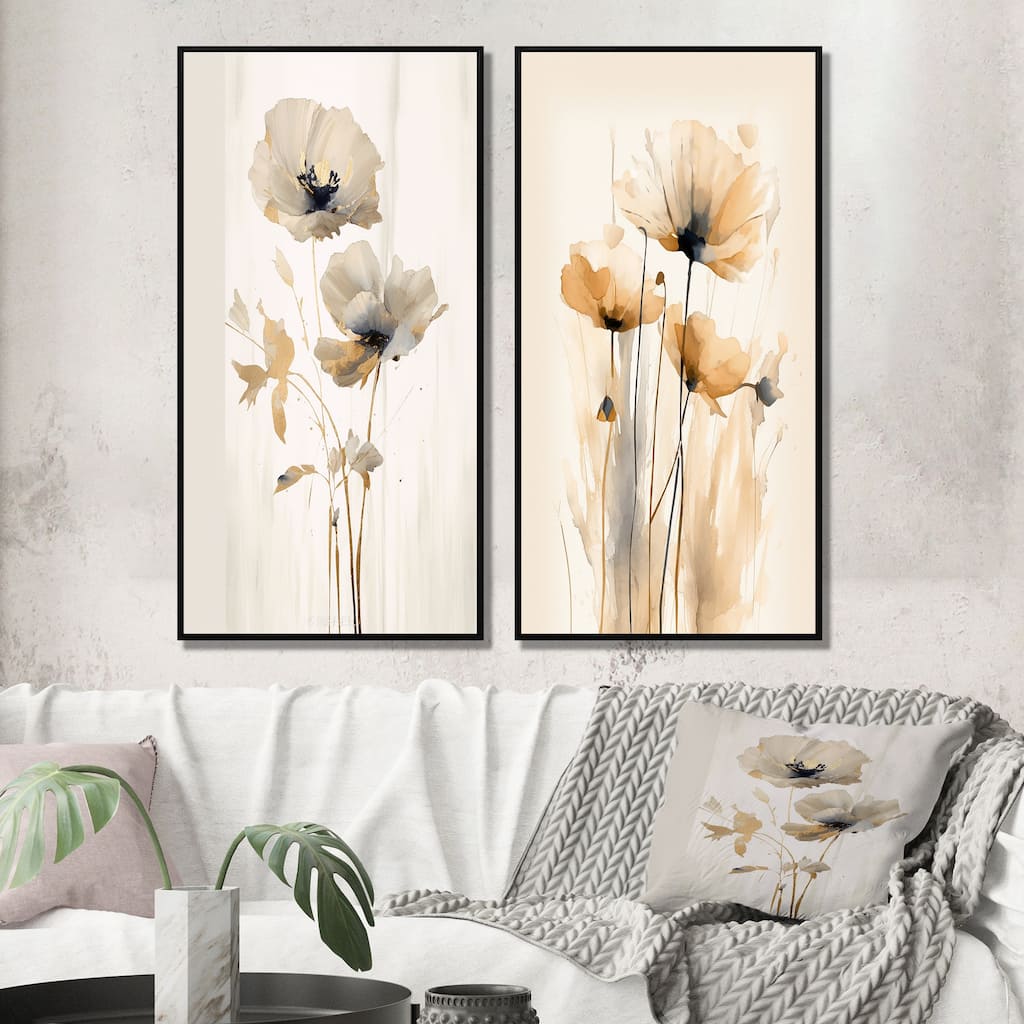 Designart "Vibrant Poppies" Floral Framed Wall Art Set Of 2 - White Wall Art Set Of 2