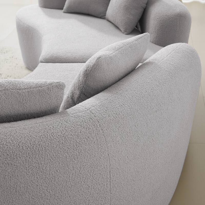 Curved Four Seater Grey Sofa, Teddy Velvet Fabric, No-Assembly for Small Spaces