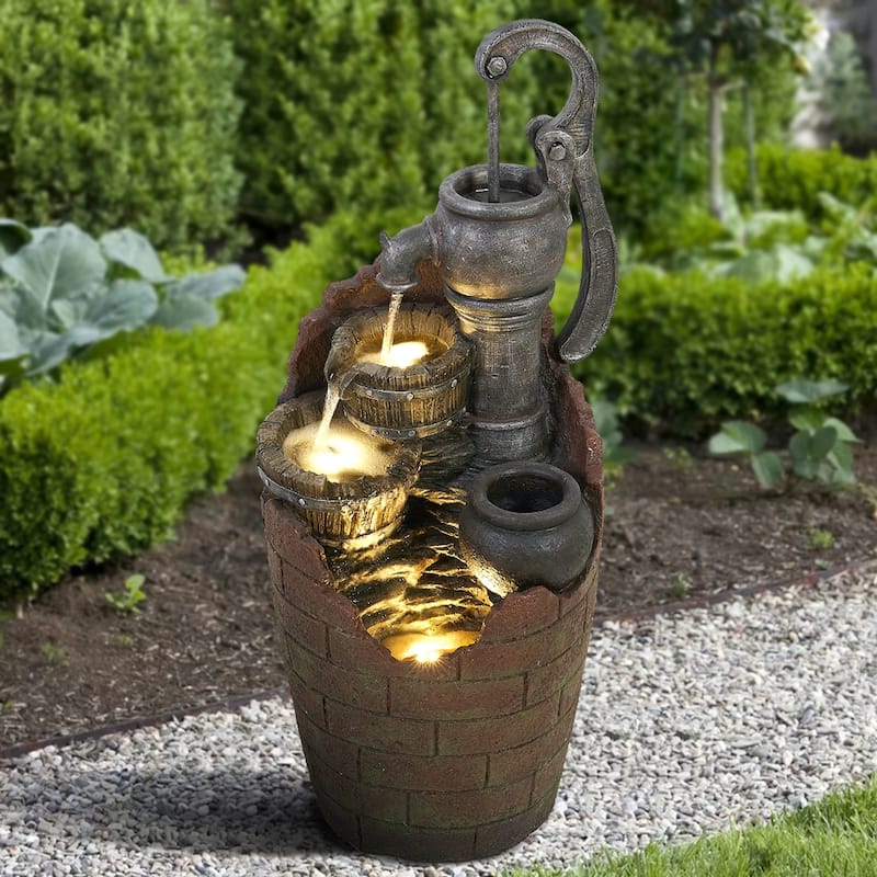 32.9'' H Water Fountain Outdoor Resin Waterfall with LED - Brown