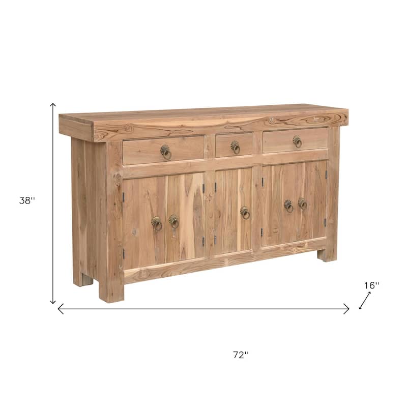 HomeRoots 72" Natural Solid Wood Three Drawer Sideboard with Five Doors - 72.00 in. x 38.00 in. x 16.00 in.
