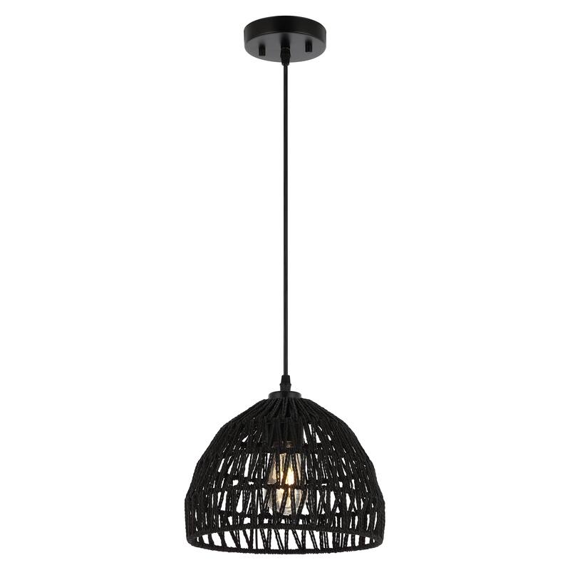Jigu 1-Light Woven Rattan/Iron LED Pendant, by JONATHAN Y - 10.25" - Black