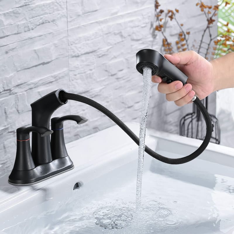 2 Handle Bathroom Sink Faucet with Pull Down Sprayer and Removable Aerator, Solid Brass Valve, Anti Fingerprint and Anti Rust