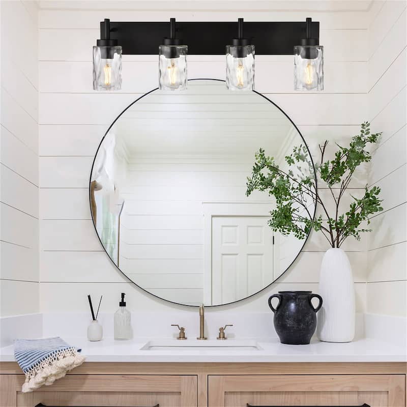 4-Light Black Vanity Light with Hammered Glass