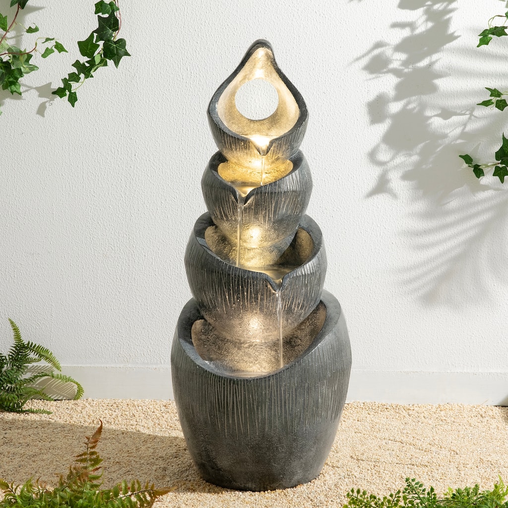 Glitzhome 34"H 4-Tiered Pre-lit Zen-Style Alms Bowl Polyresin Indoor Outdoor Floor Fountain