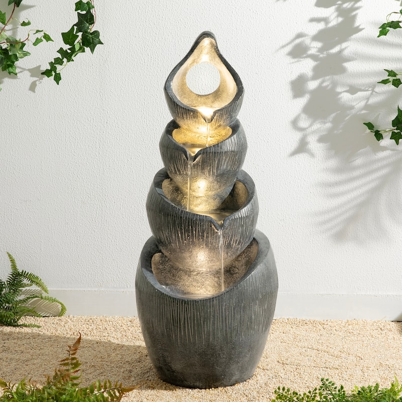 Glitzhome 34"H 4-Tiered Pre-lit Zen-Style Alms Bowl Polyresin Indoor Outdoor Floor Fountain