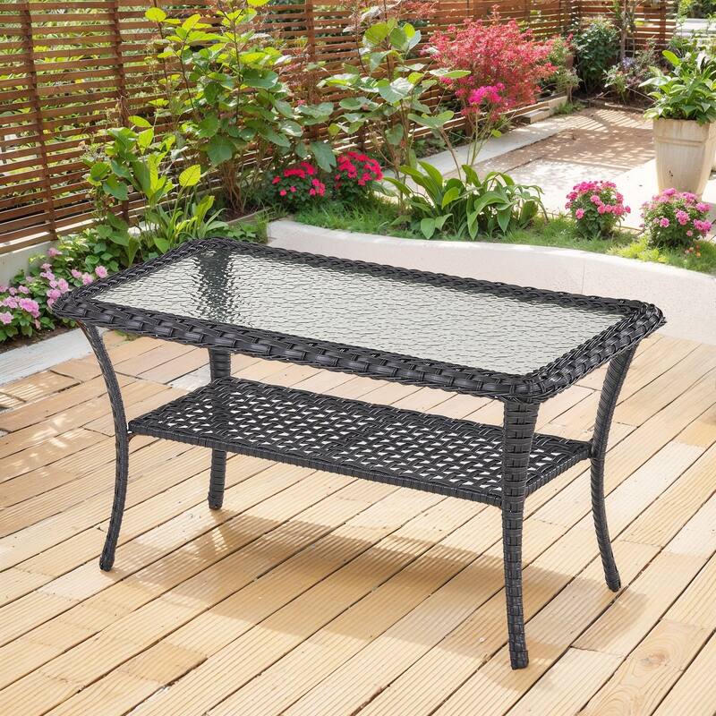 Outdoor Wicker Patio Coffee Table with Glass Top and Storage Shelf - Black